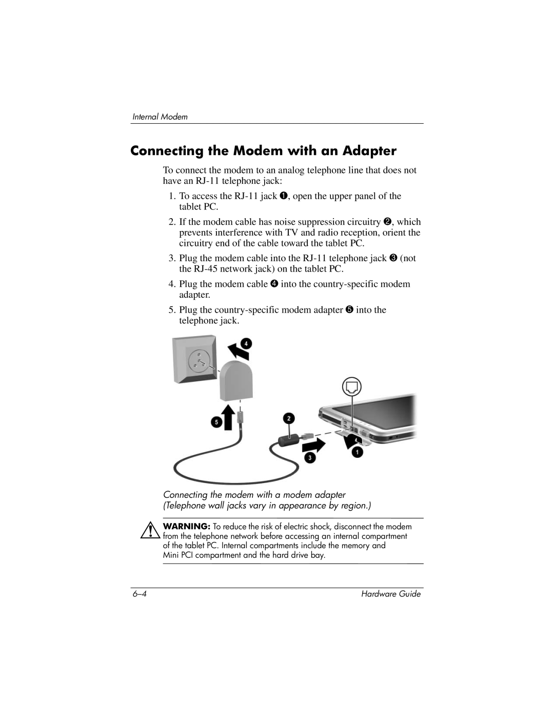 HP tc1000 manual Connecting the Modem with an Adapter 