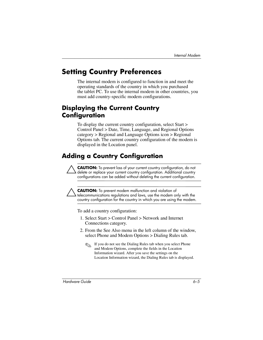 HP tc1000 manual Setting Country Preferences, Displaying the Current Country Configuration, Adding a Country Configuration 