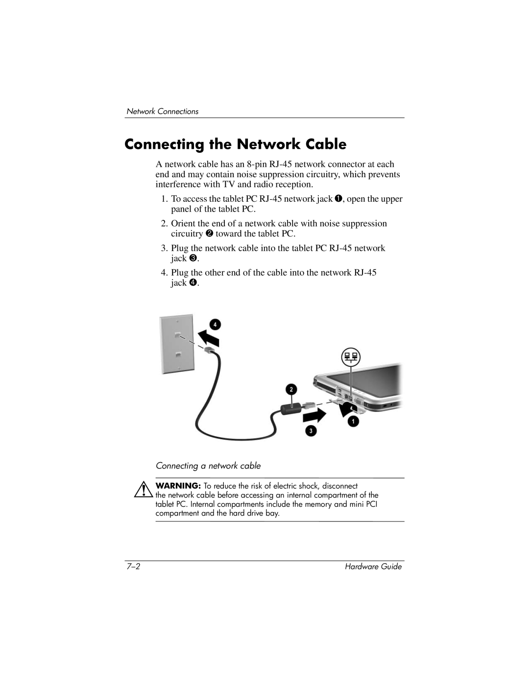 HP tc1000 manual Connecting the Network Cable, Connecting a network cable 