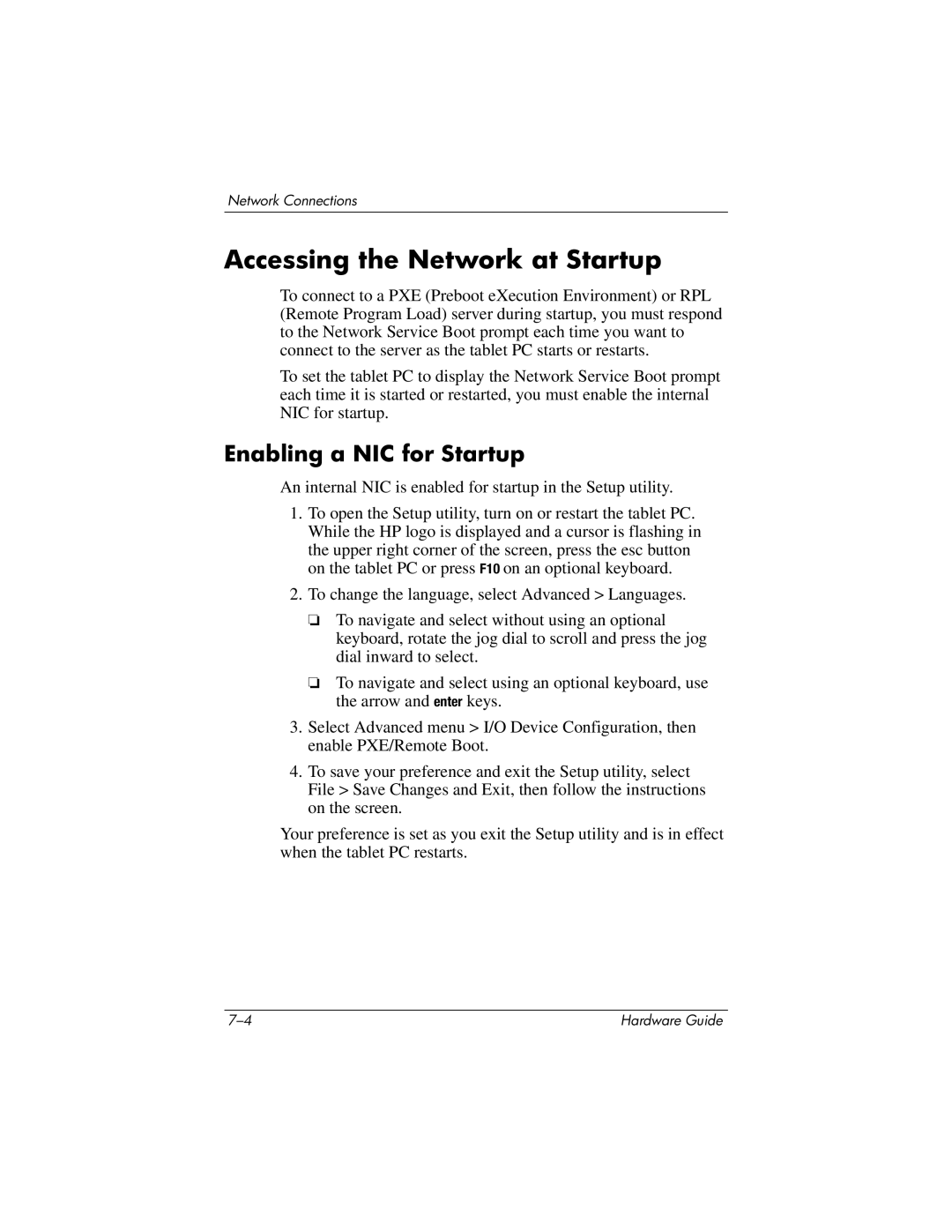 HP tc1000 manual Accessing the Network at Startup, Enabling a NIC for Startup 