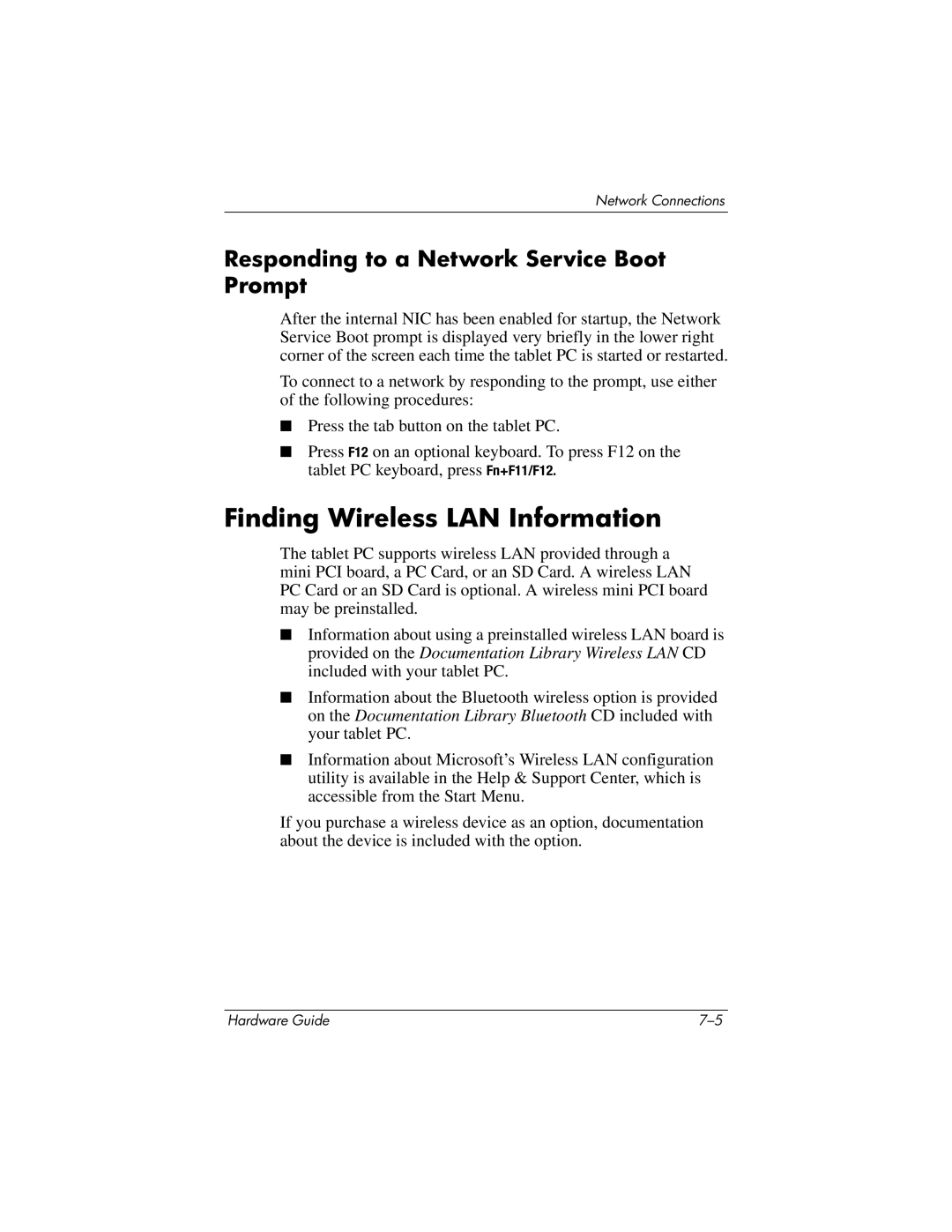 HP tc1000 manual Finding Wireless LAN Information, Responding to a Network Service Boot Prompt 