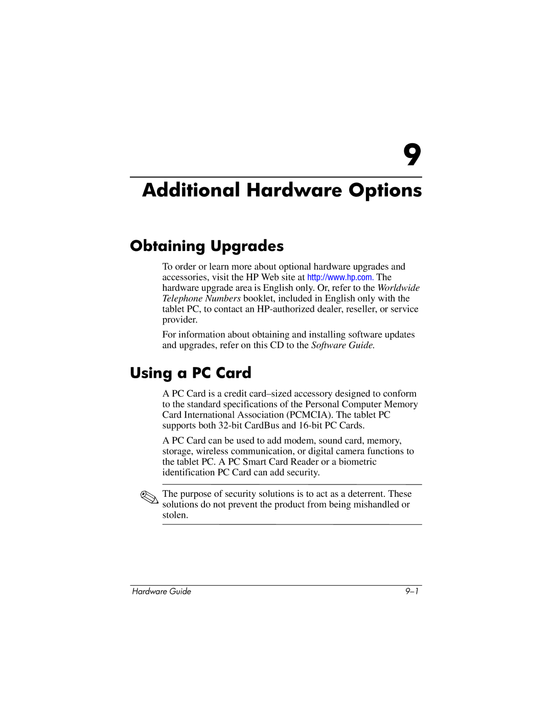 HP tc1000 manual Additional Hardware Options, Obtaining Upgrades, Using a PC Card 