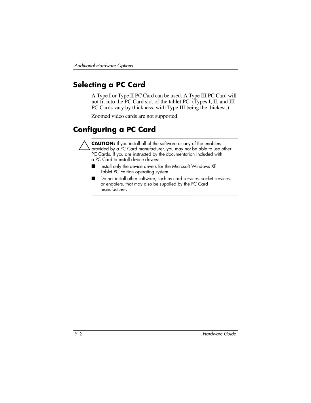 HP tc1000 manual Selecting a PC Card, Configuring a PC Card 