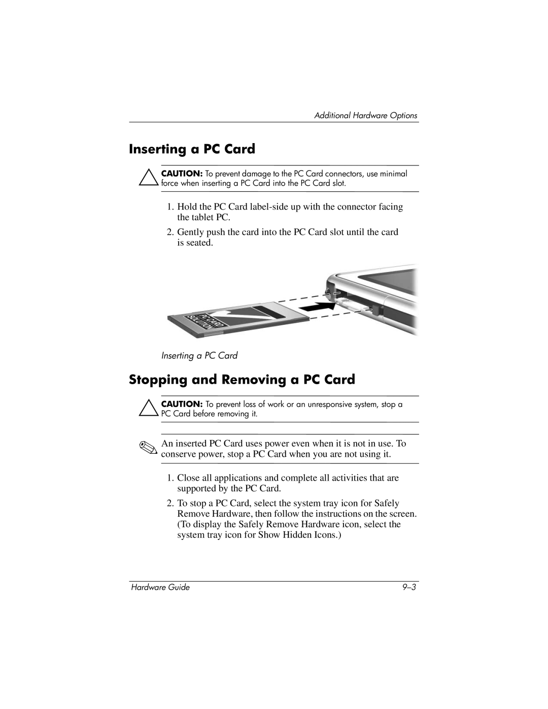 HP tc1000 manual Inserting a PC Card, Stopping and Removing a PC Card 