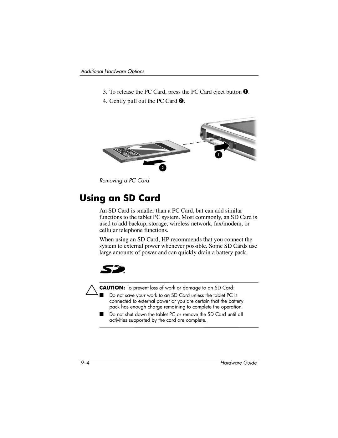 HP tc1000 manual Using an SD Card 