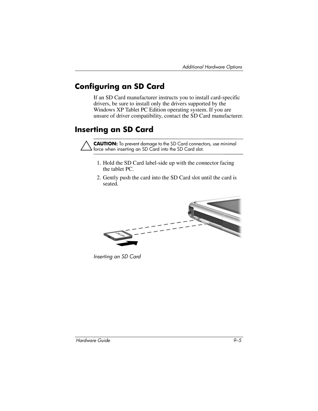 HP tc1000 manual Configuring an SD Card, Inserting an SD Card 