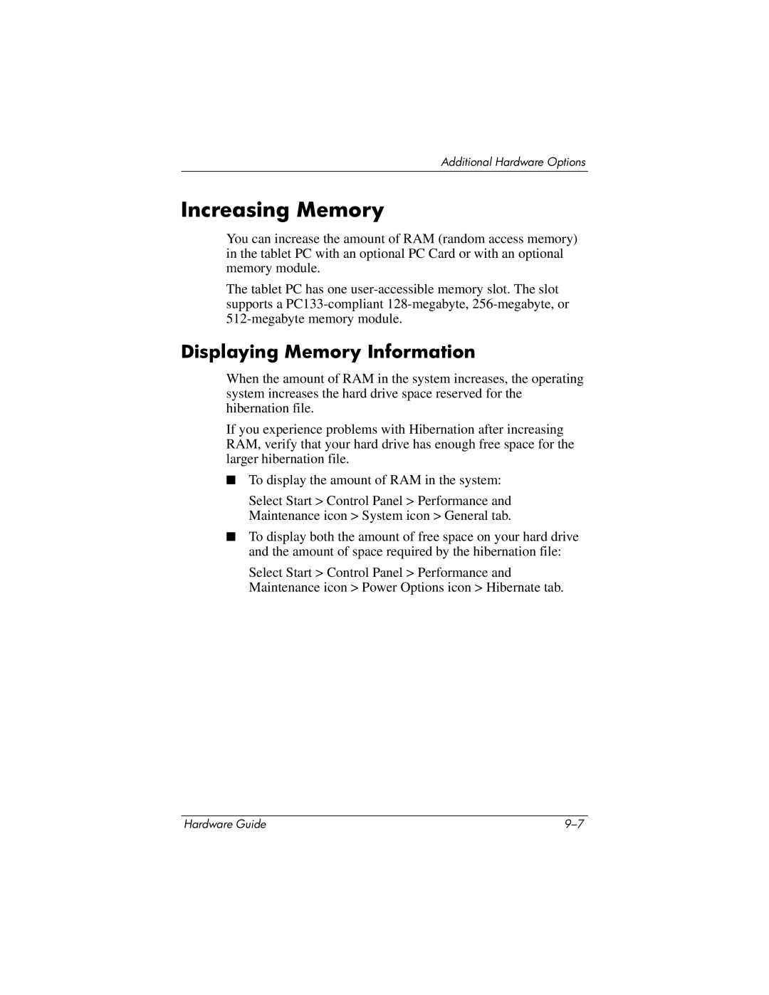 HP tc1000 manual Increasing Memory, Displaying Memory Information 