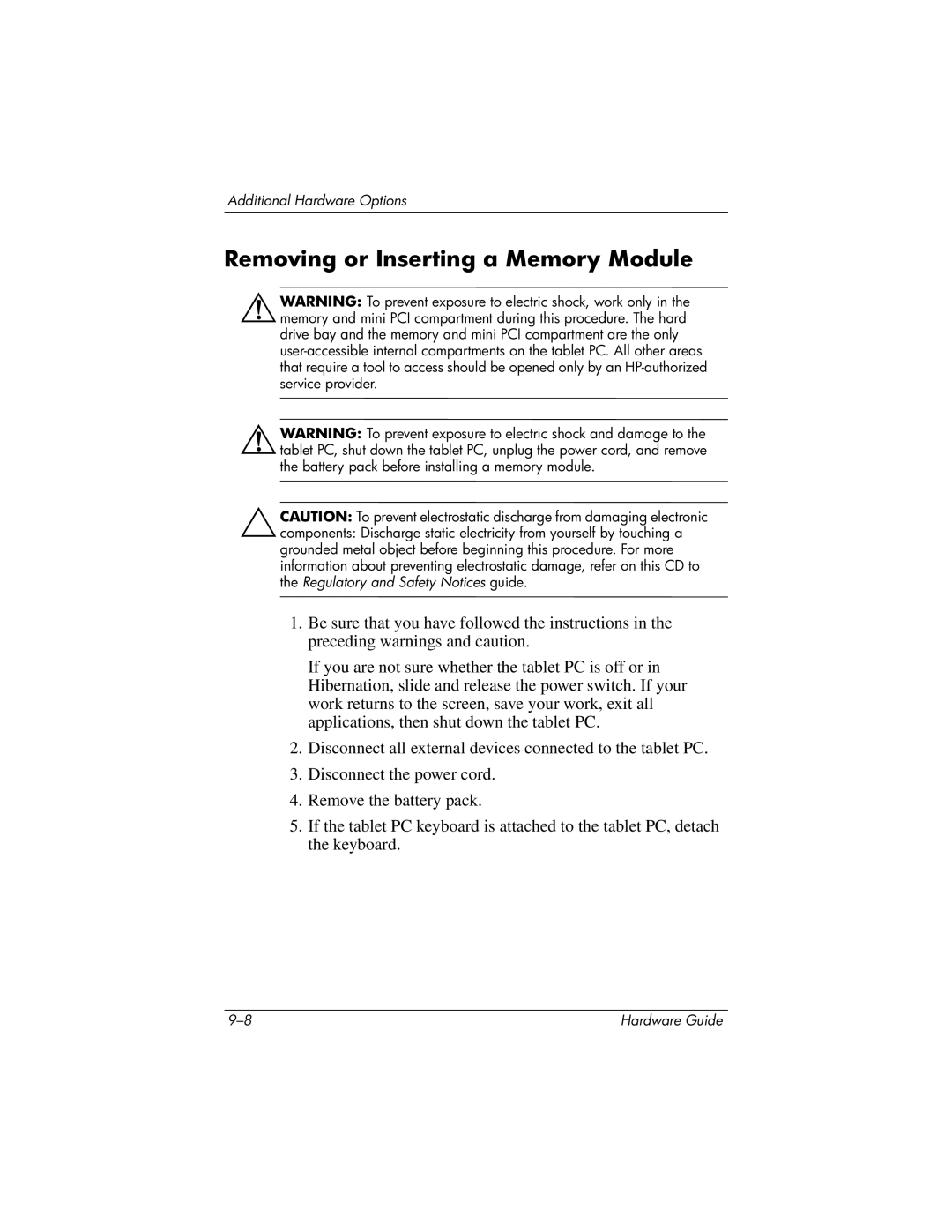 HP tc1000 manual Removing or Inserting a Memory Module 