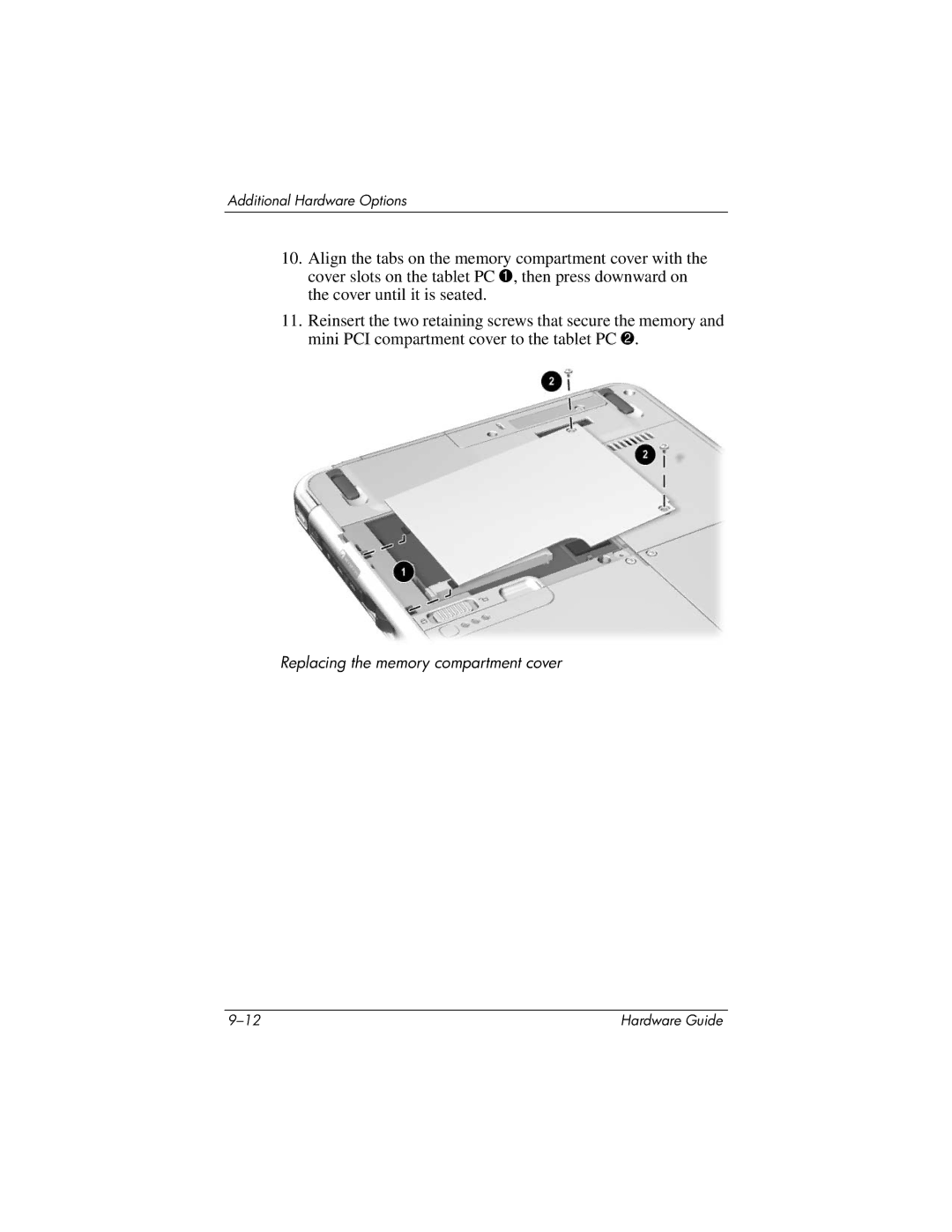 HP tc1000 manual Replacing the memory compartment cover 