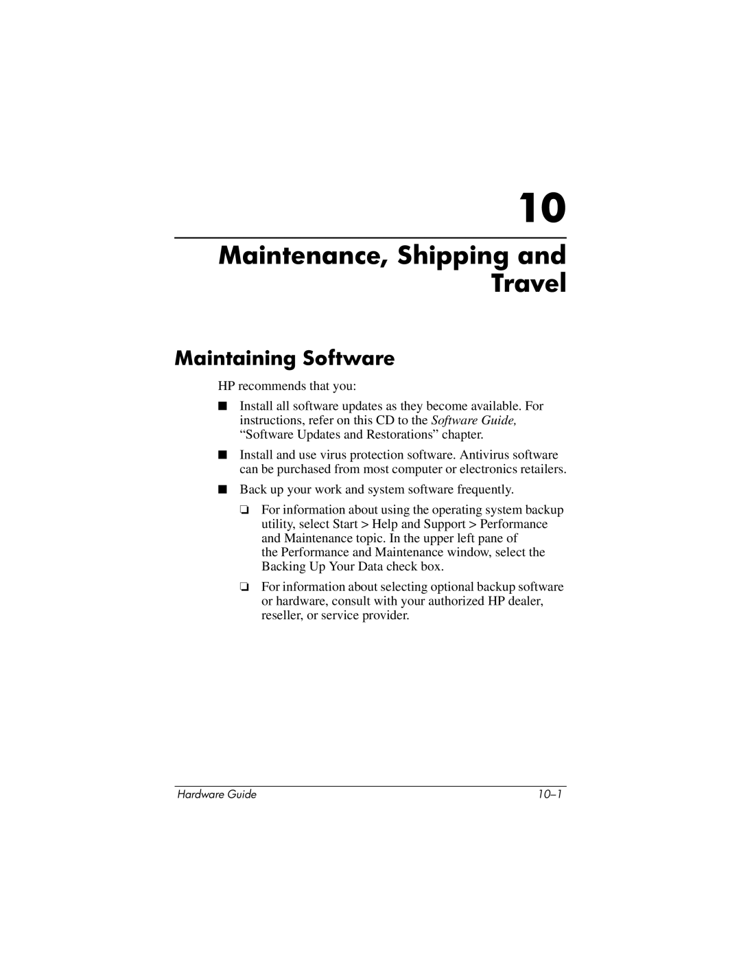 HP tc1000 manual Maintenance, Shipping and Travel, Maintaining Software 