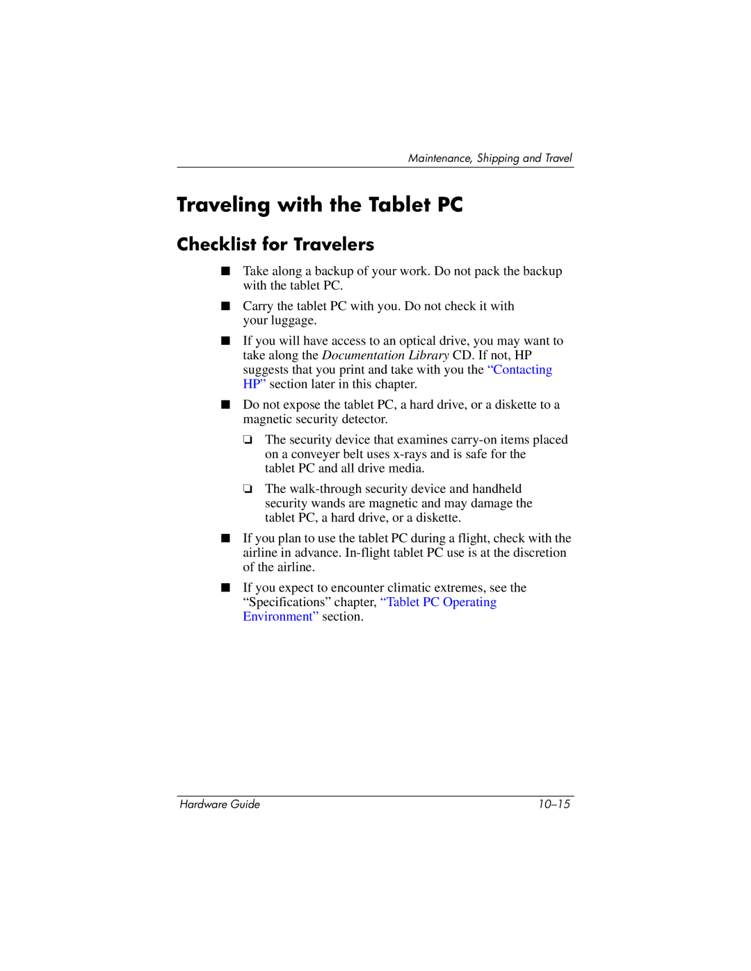 HP tc1000 manual Traveling with the Tablet PC, Checklist for Travelers 