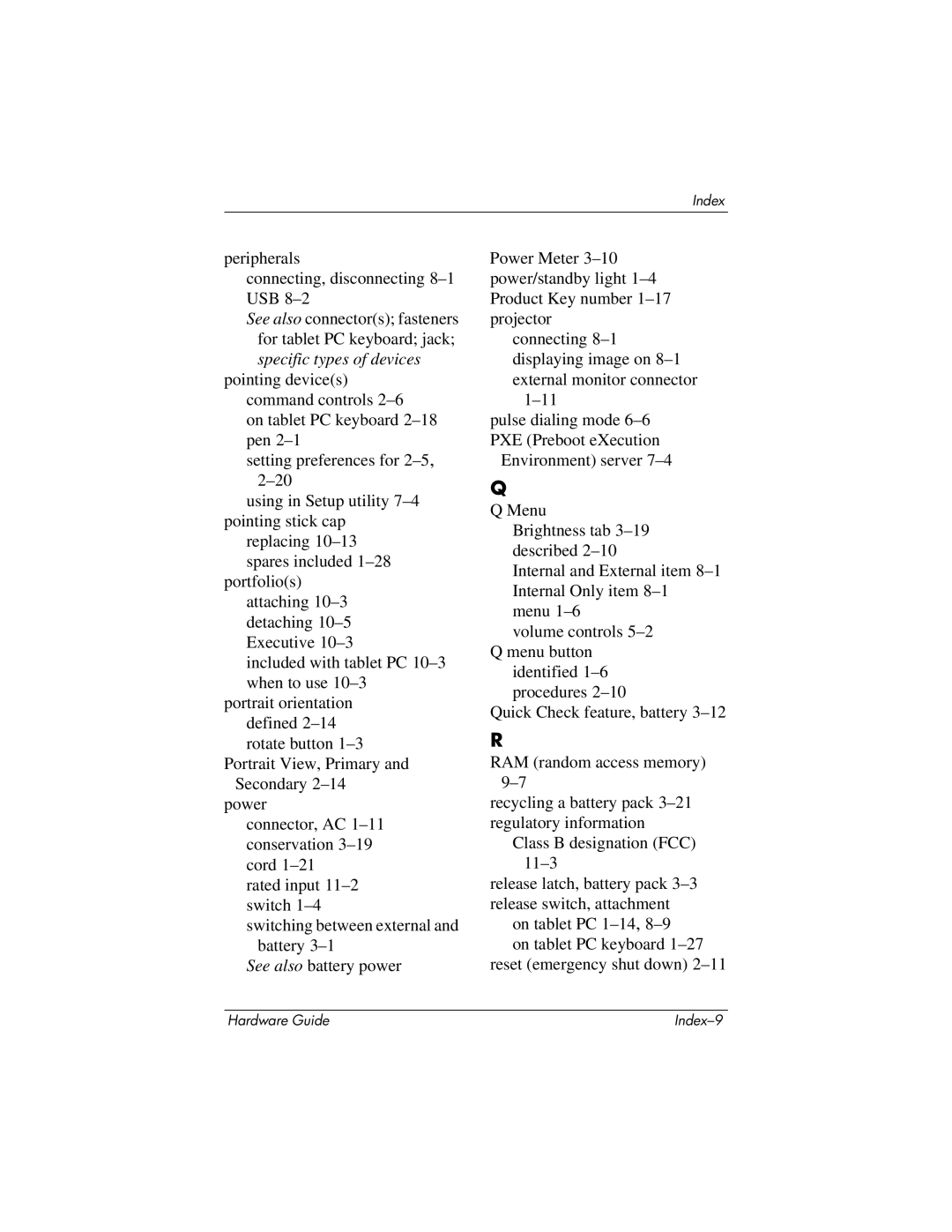 HP tc1000 manual Peripherals Connecting, disconnecting 8-1 USB 