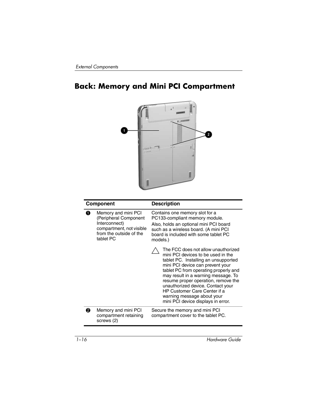 HP tc1000 manual Back Memory and Mini PCI Compartment 