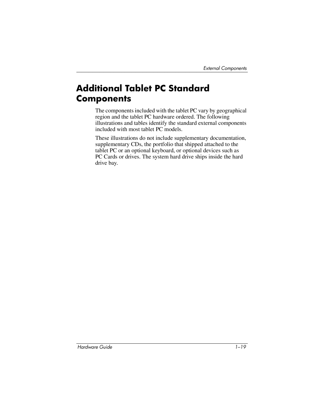 HP tc1000 manual Additional Tablet PC Standard Components 