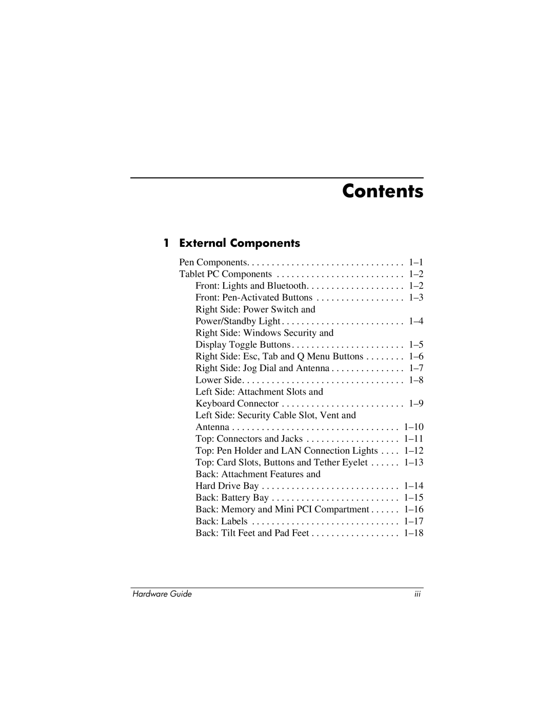 HP tc1000 manual Contents 