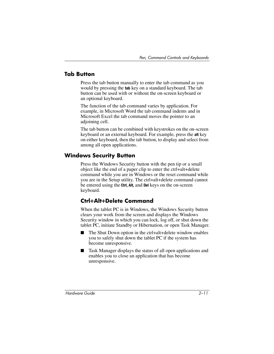 HP tc1000 manual Tab Button, Windows Security Button, Ctrl+Alt+Delete Command 