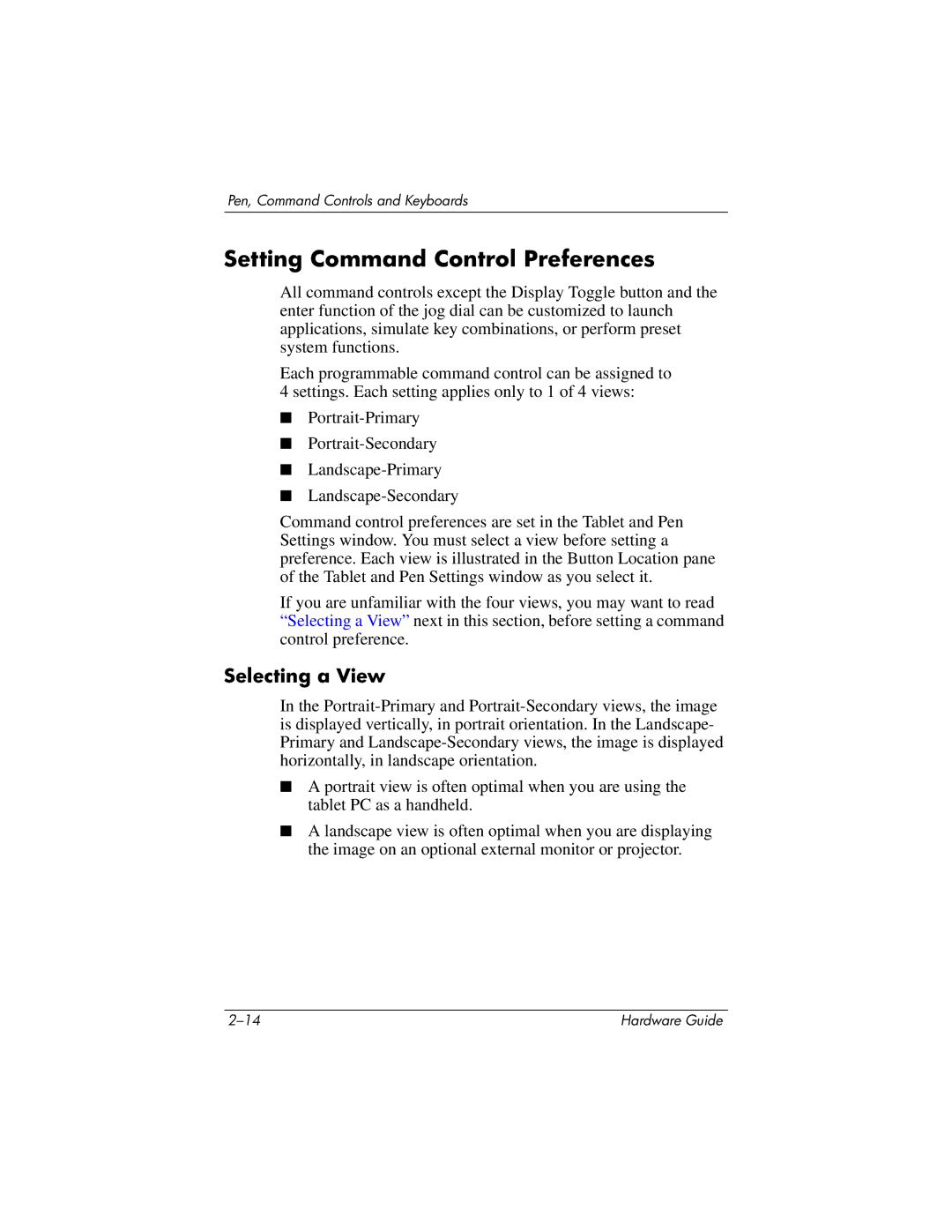 HP tc1000 manual Setting Command Control Preferences, Selecting a View 