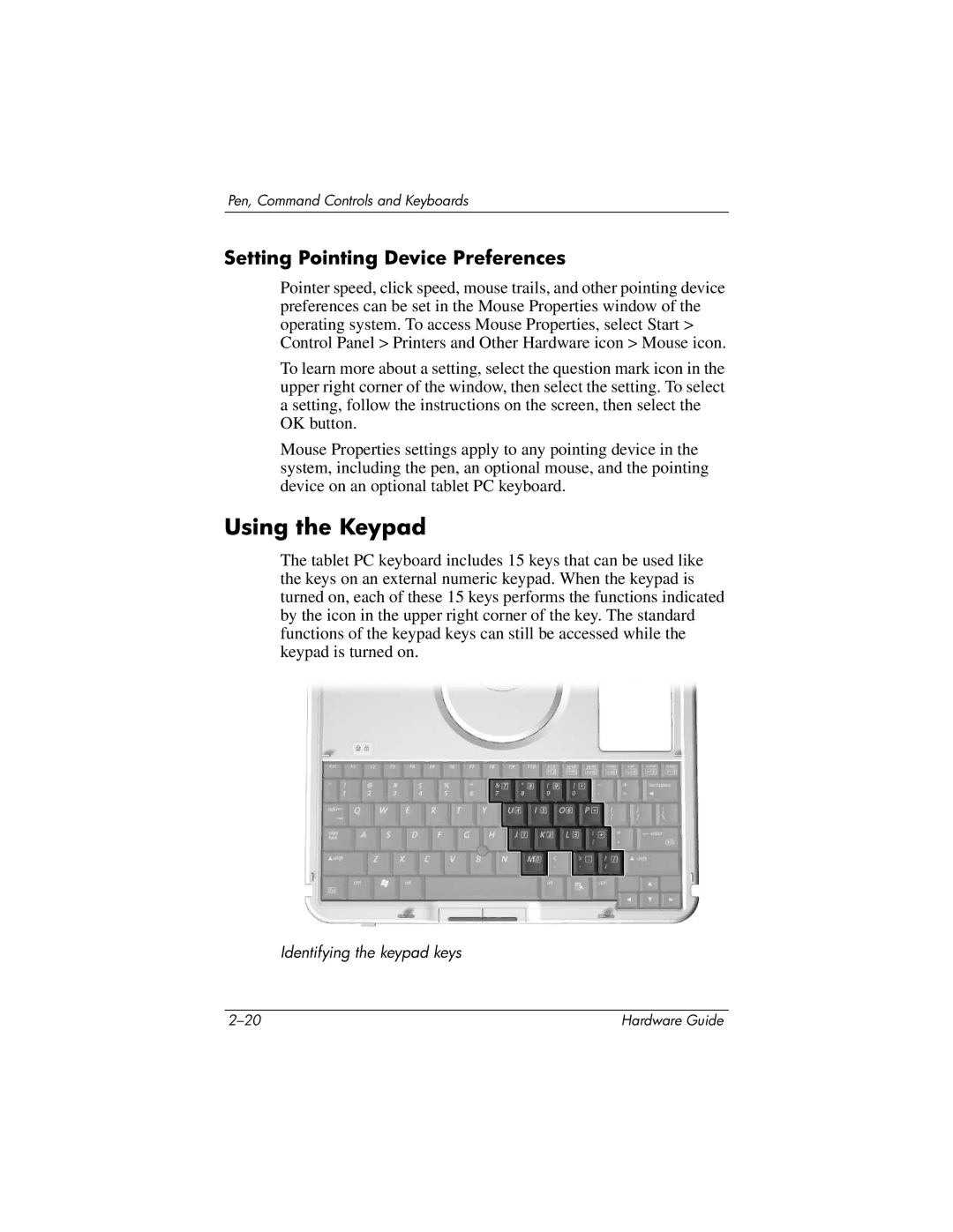 HP tc1000 manual Using the Keypad, Setting Pointing Device Preferences 