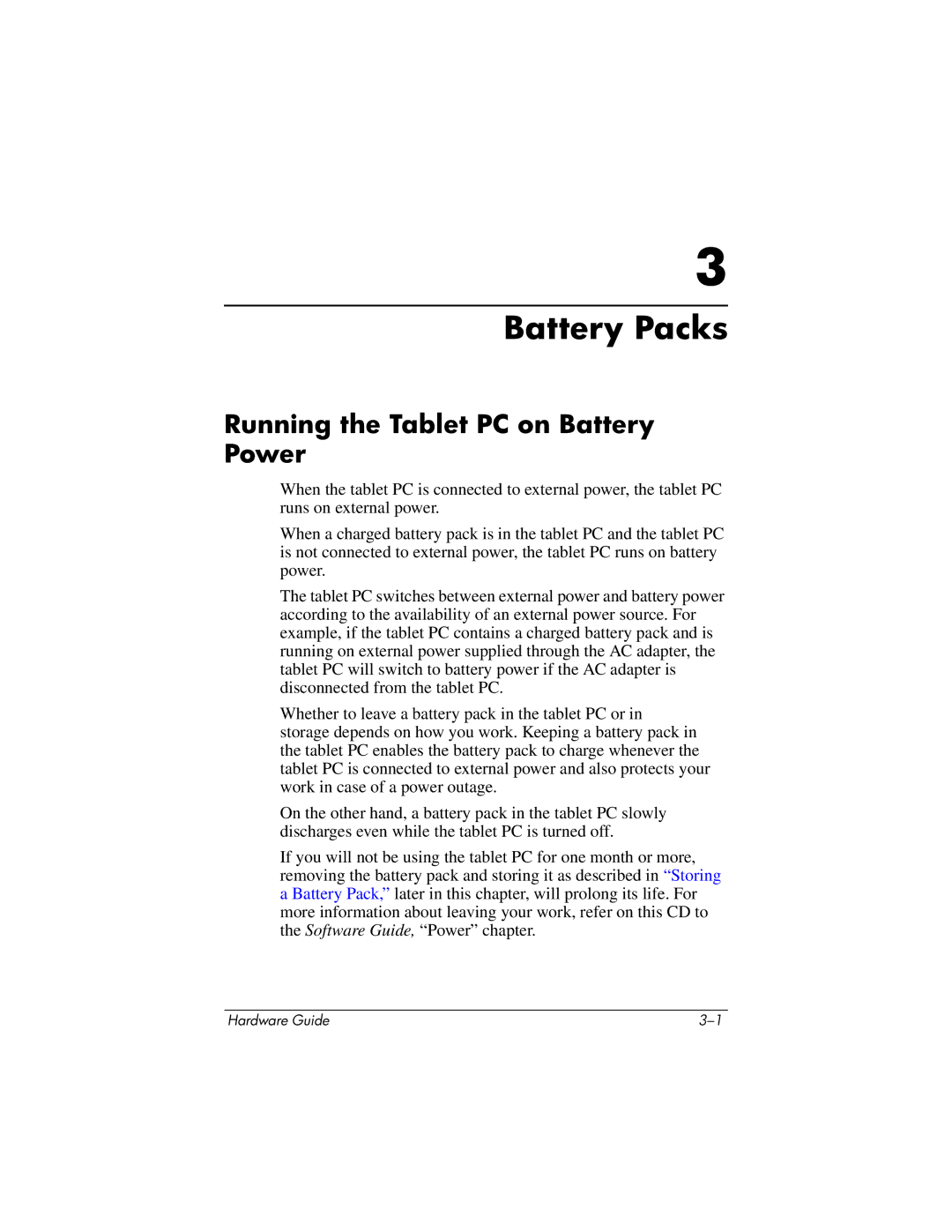 HP tc1000 manual Battery Packs, Running the Tablet PC on Battery Power 