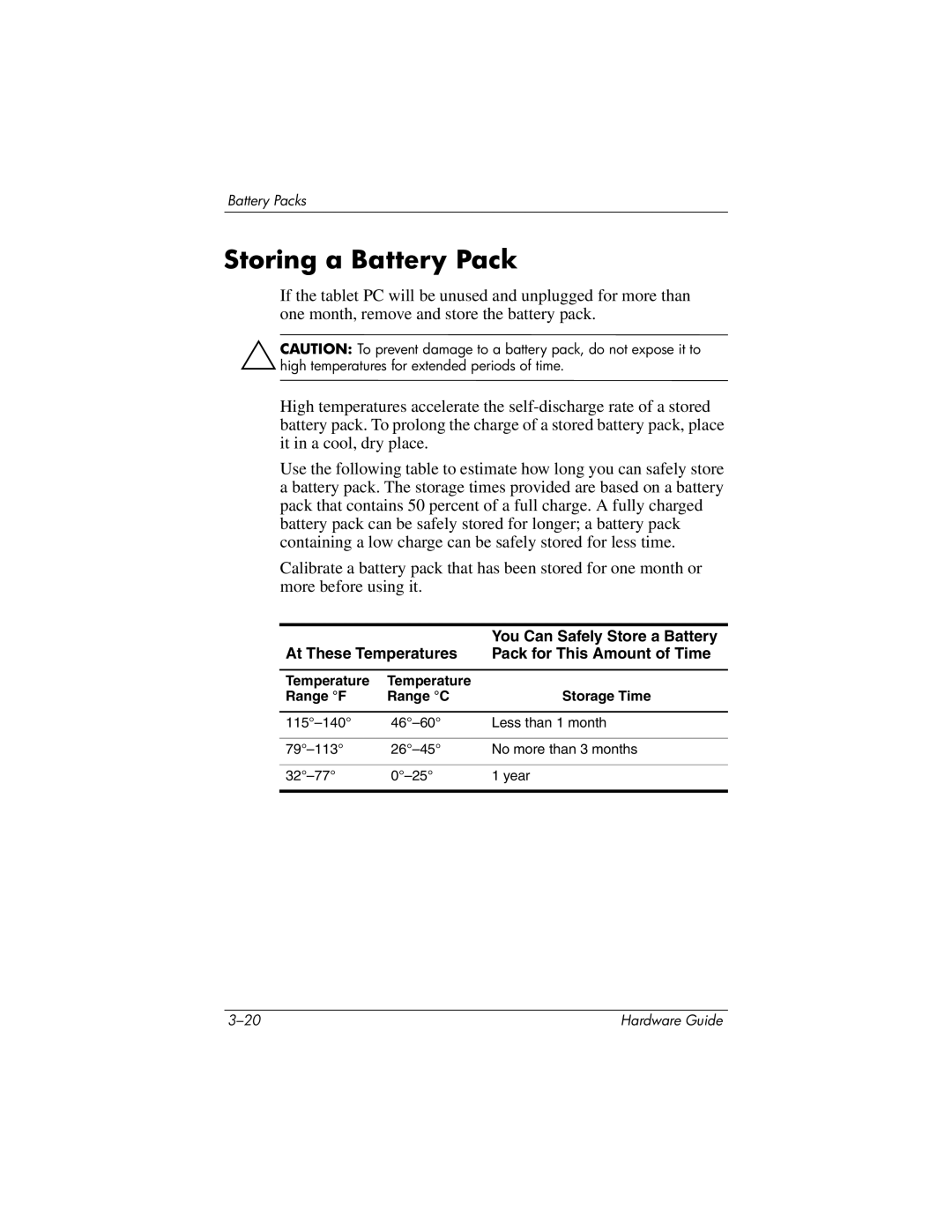 HP tc1000 manual Storing a Battery Pack, At These Temperatures Pack for This Amount of Time 