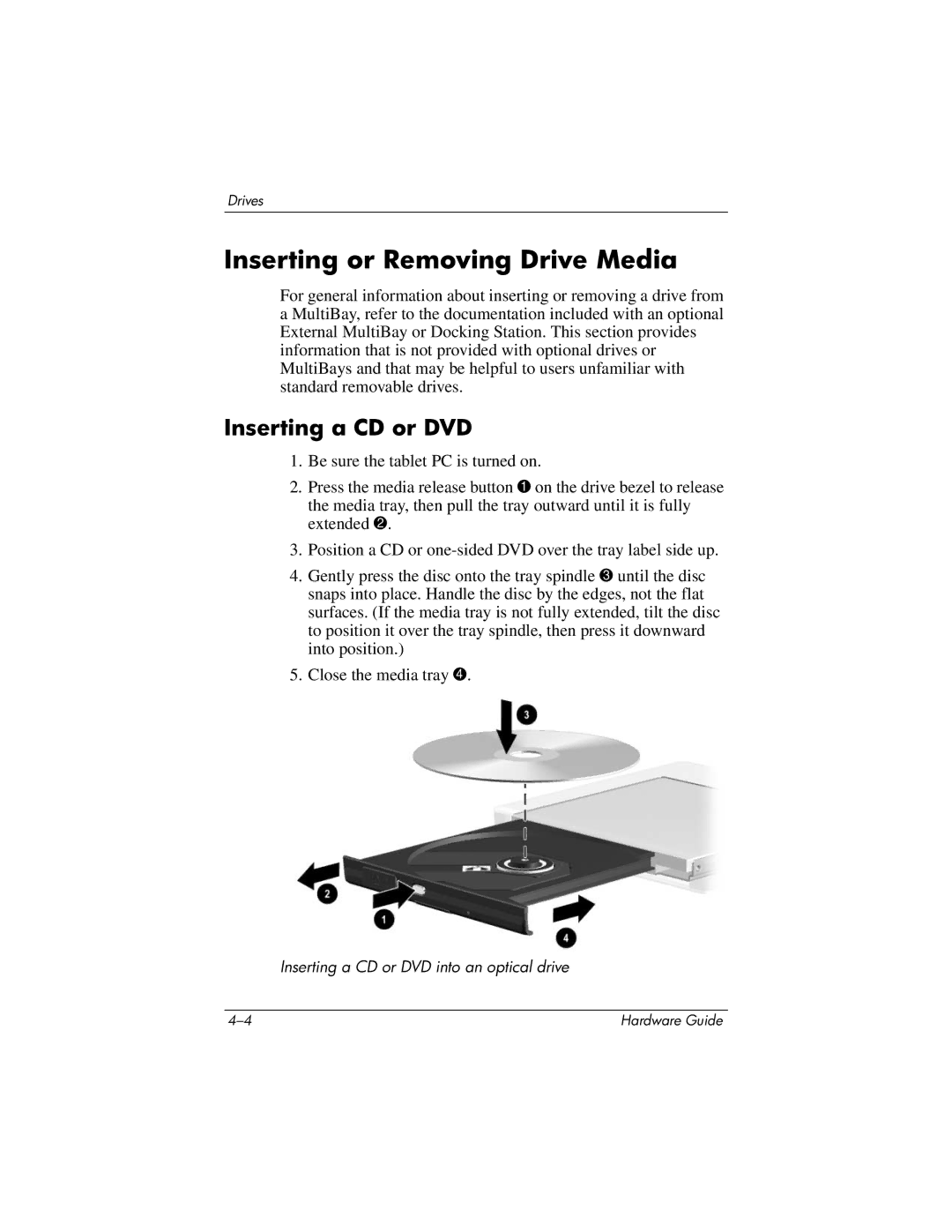 HP tc1000 manual Inserting or Removing Drive Media, Inserting a CD or DVD 