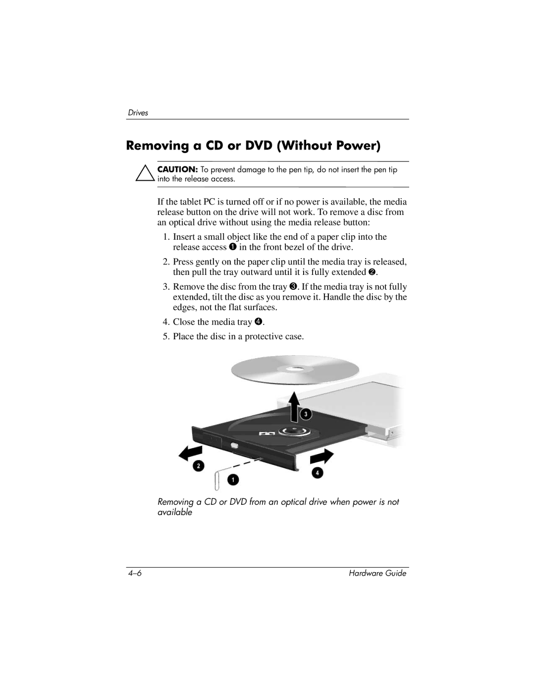 HP tc1000 manual Removing a CD or DVD Without Power 