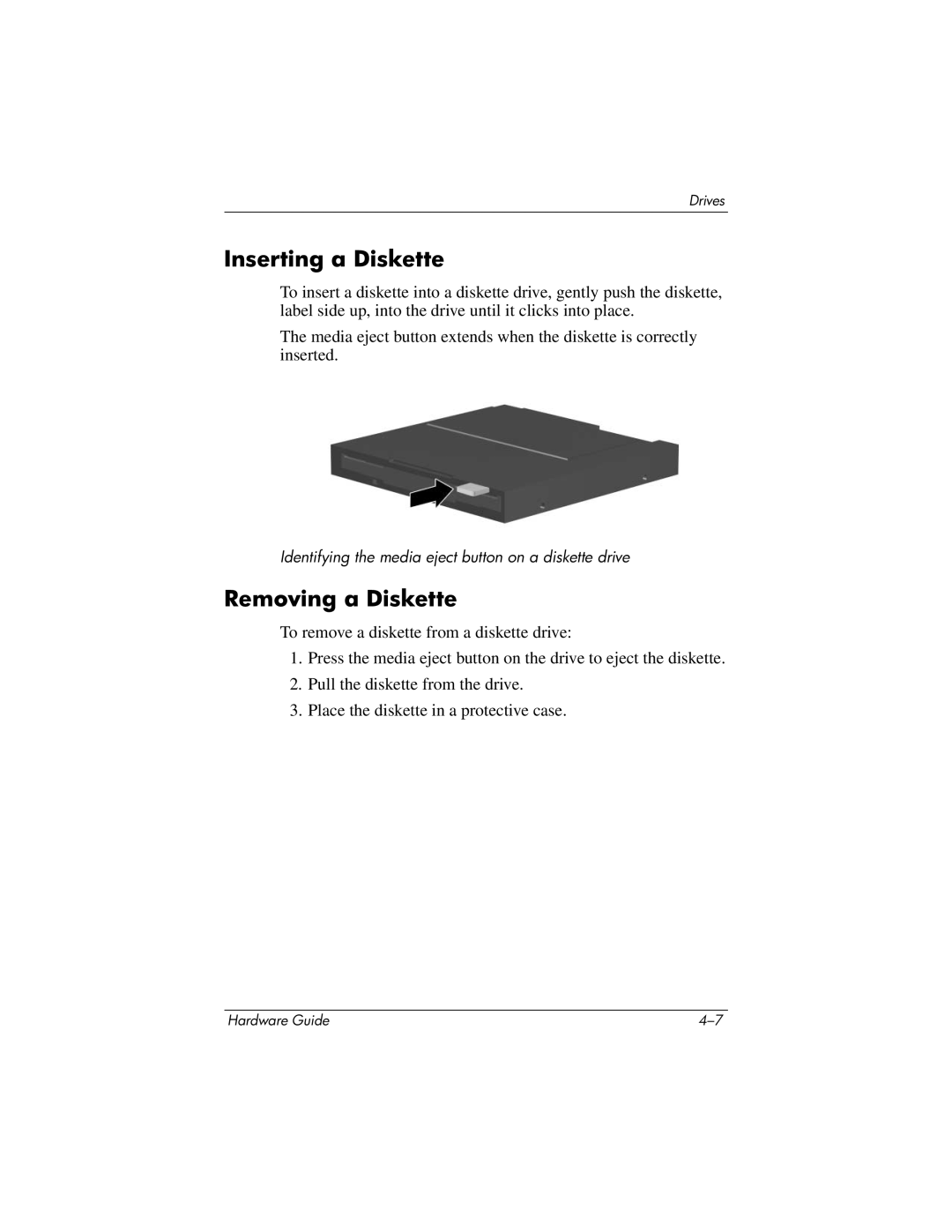 HP tc1000 manual Inserting a Diskette, Removing a Diskette 