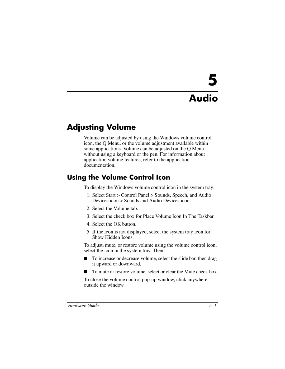 HP tc1000 manual Audio, Adjusting Volume, Using the Volume Control Icon 