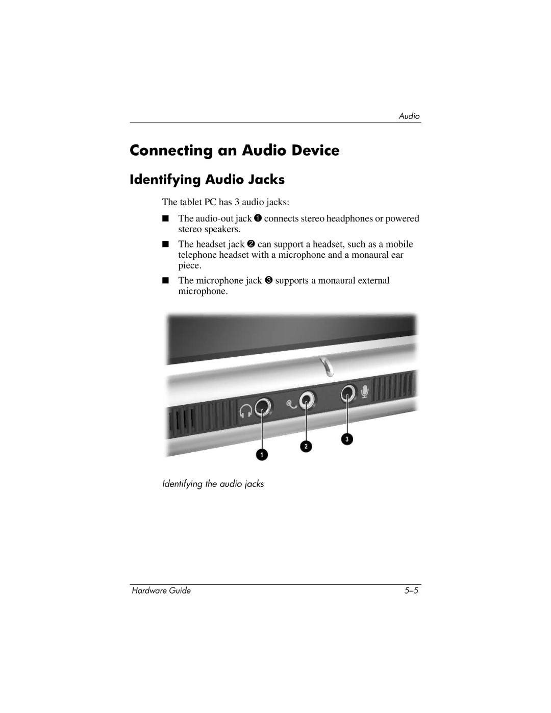 HP tc1000 manual Connecting an Audio Device, Identifying Audio Jacks 