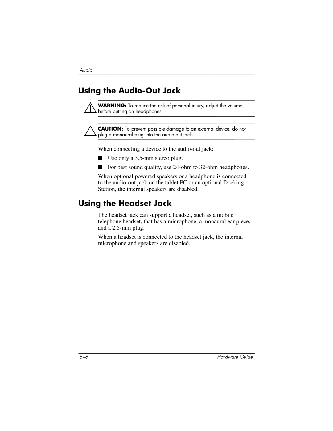 HP tc1000 manual Using the Audio-Out Jack, Using the Headset Jack 