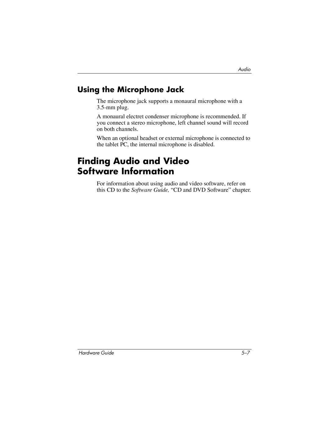 HP tc1000 manual Finding Audio and Video Software Information, Using the Microphone Jack 