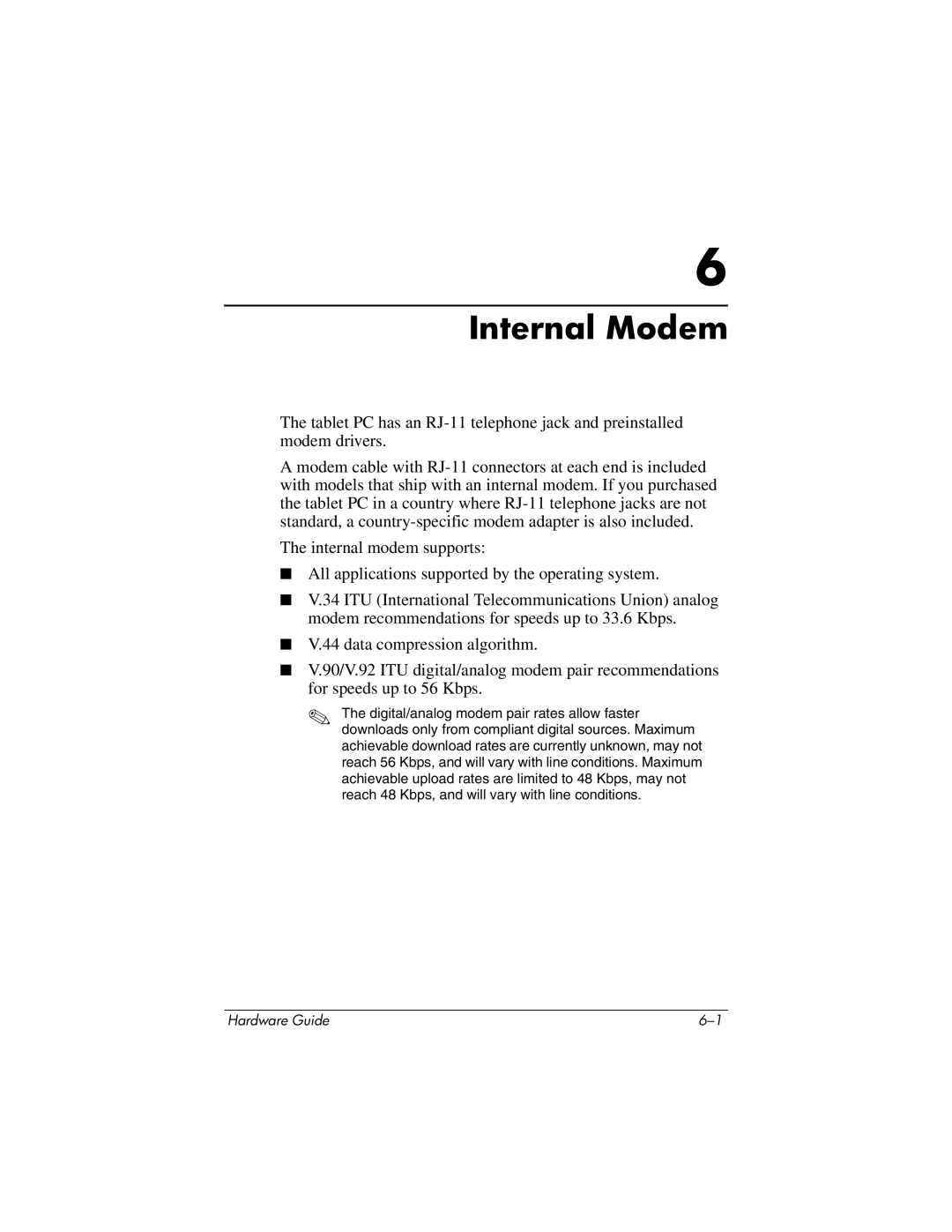 HP tc1000 manual Internal Modem 