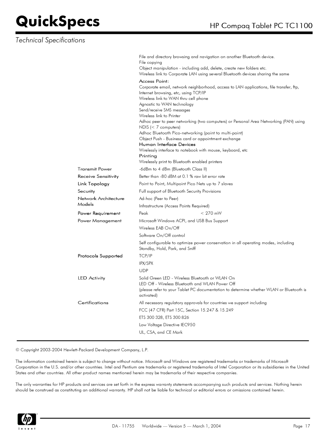 HP TC1100 manual Access Point, Human Interface Devices, Printing, Transmit Power, Receive Sensitivity, Link Topology 