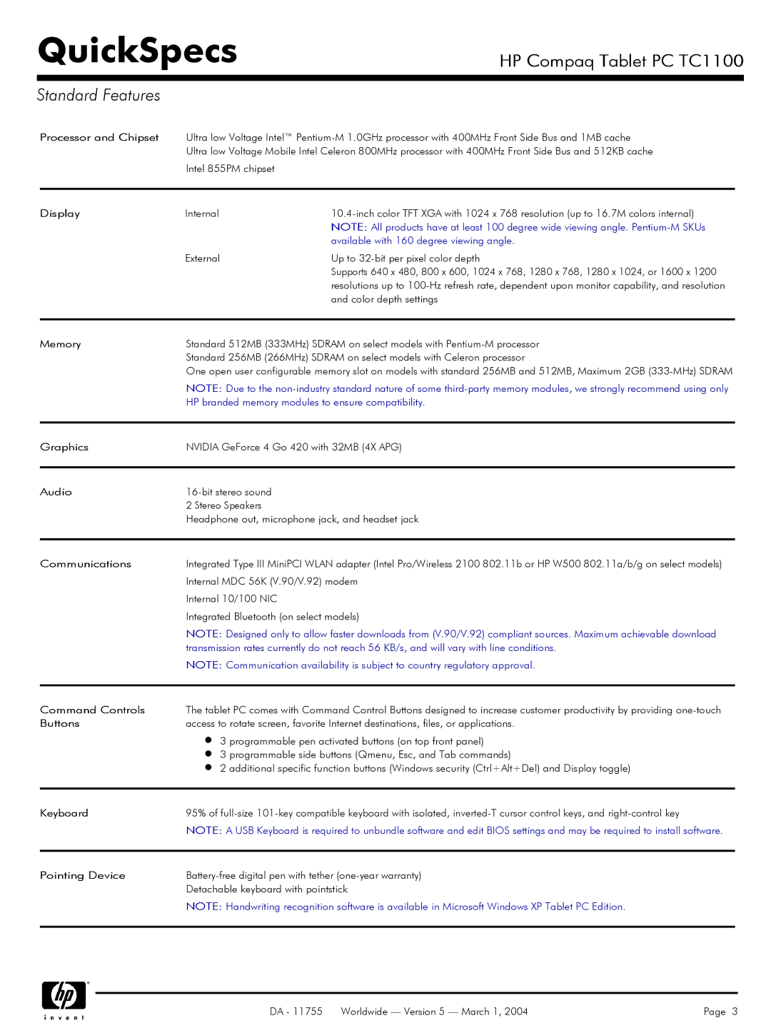 HP TC1100 manual Standard Features 