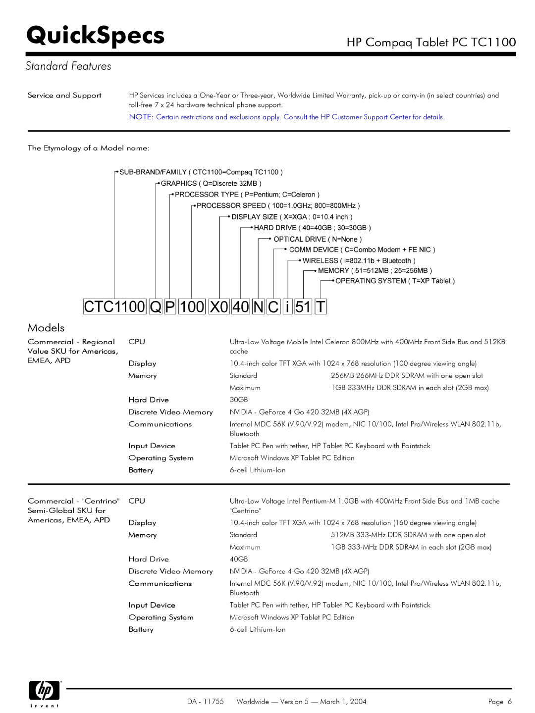 HP TC1100 Service and Support, Etymology of a Model name, Commercial Regional CPU, Value SKU for Americas, Hard Drive 