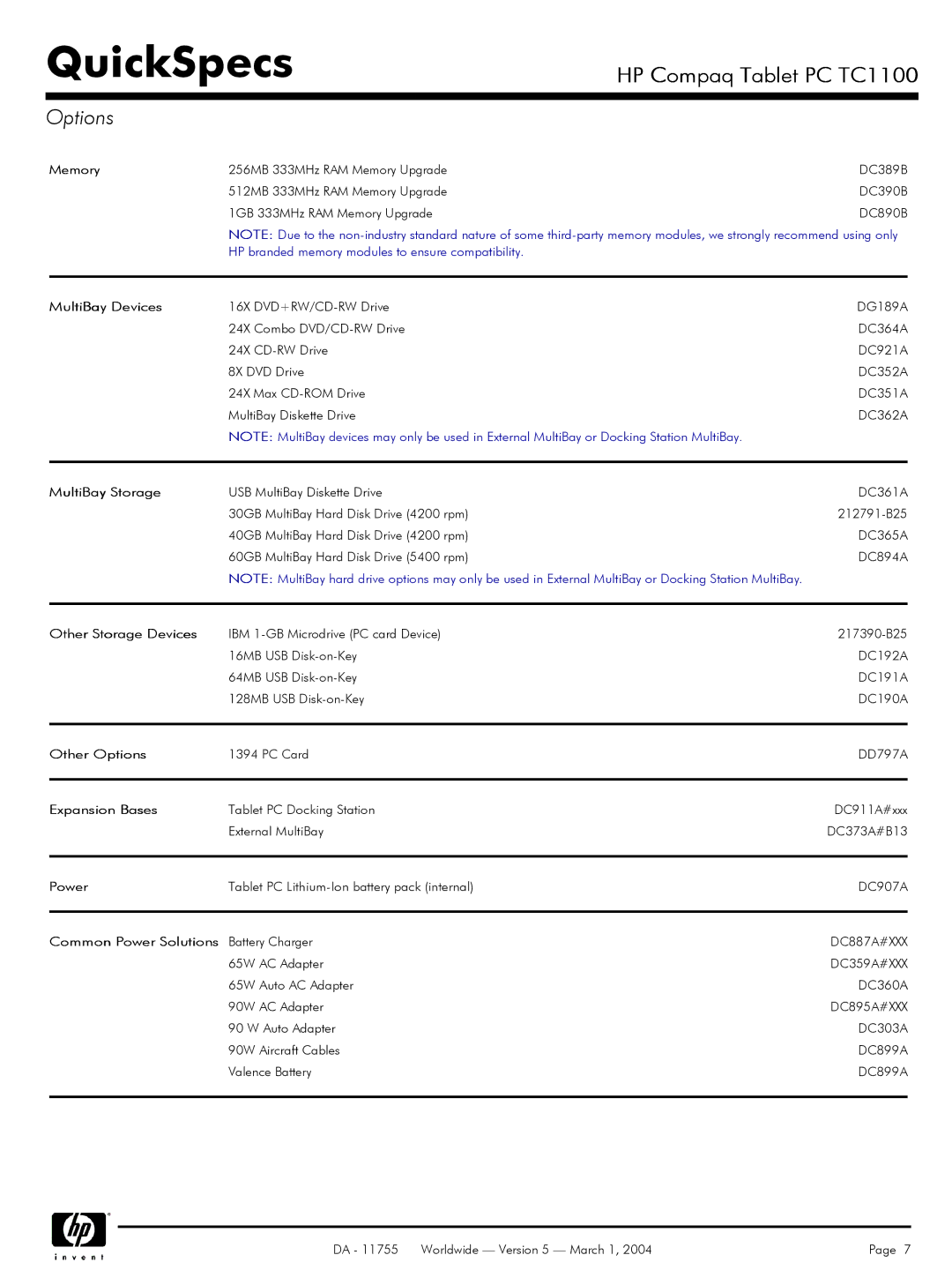 HP TC1100 manual Options 