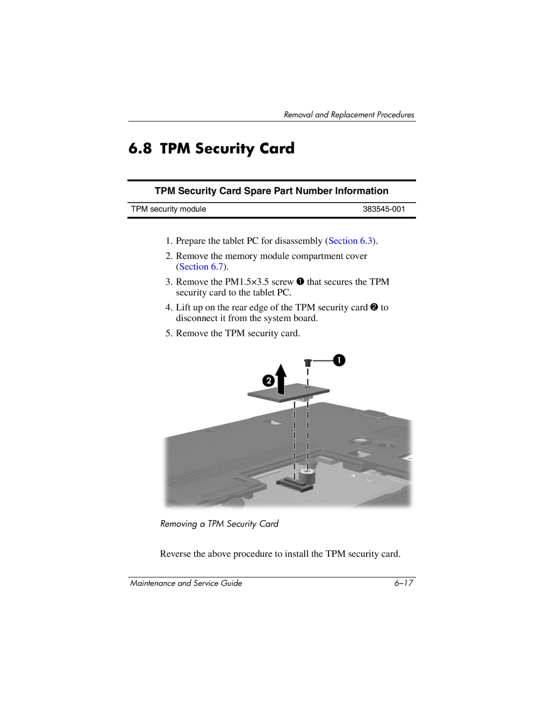 HP tc4200 manual TPM Security Card Spare Part Number Information 