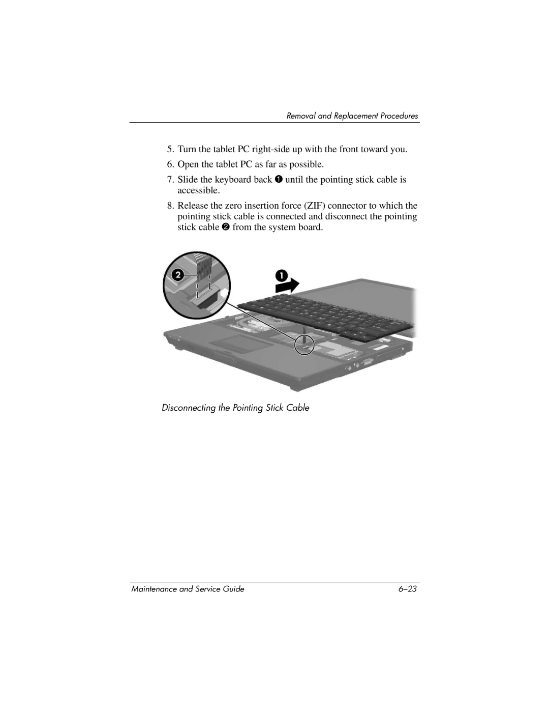 HP tc4200 manual Disconnecting the Pointing Stick Cable 