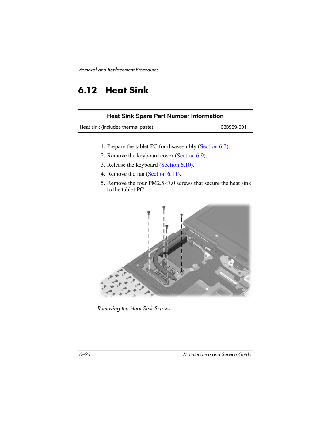 HP tc4200 manual Heat Sink Spare Part Number Information 