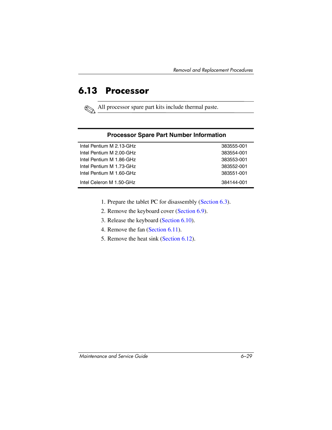 HP tc4200 manual Processor Spare Part Number Information 