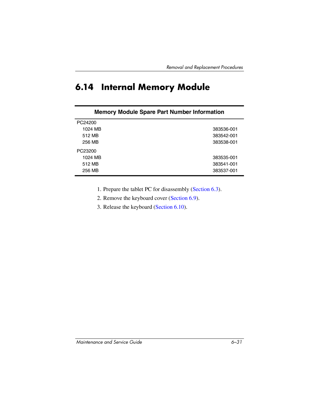 HP tc4200 manual Internal Memory Module, Memory Module Spare Part Number Information 