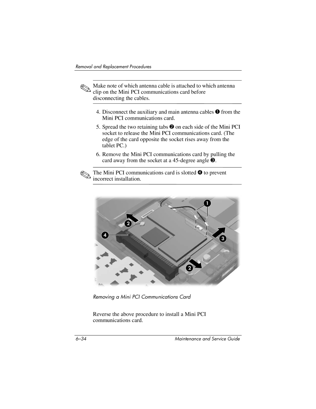 HP tc4200 manual Removing a Mini PCI Communications Card 