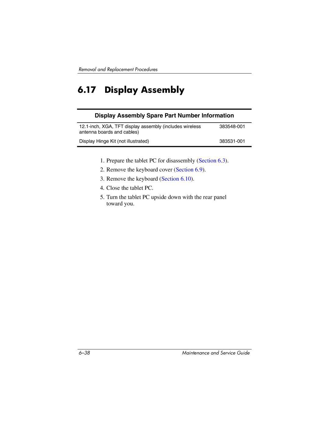 HP tc4200 manual Display Assembly Spare Part Number Information 