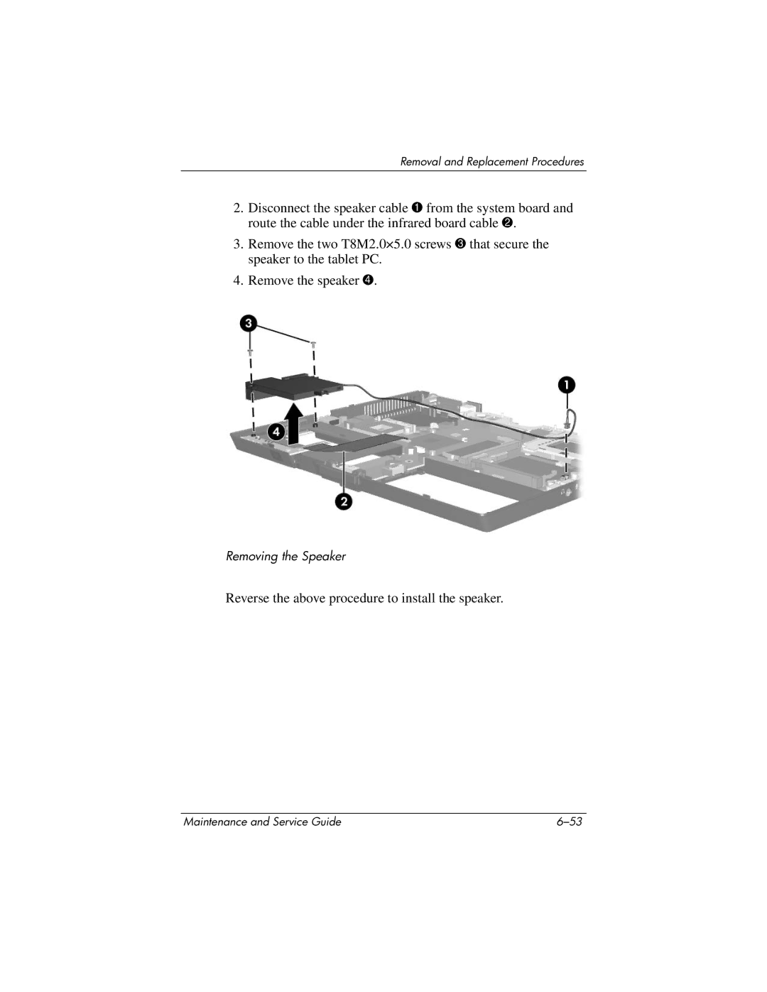 HP tc4200 manual Reverse the above procedure to install the speaker 