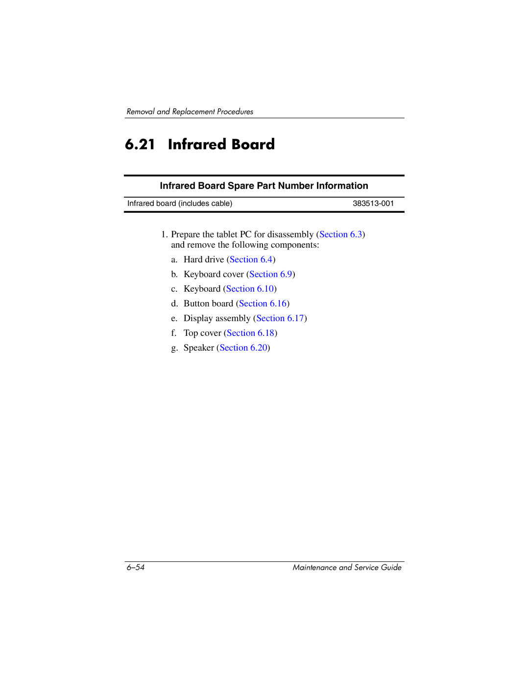 HP tc4200 manual Infrared Board Spare Part Number Information 