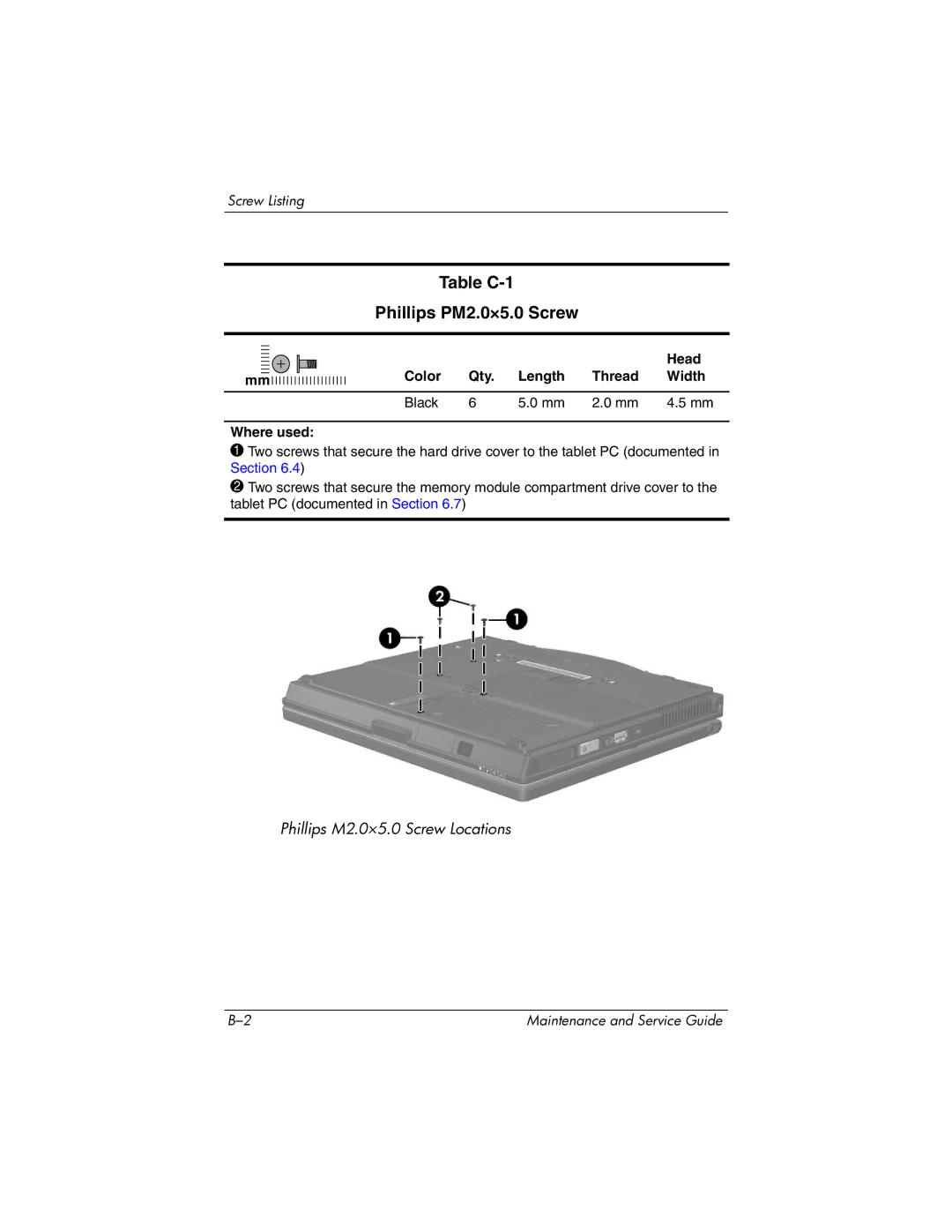 HP tc4200 manual Table C-1 Phillips PM2.0×5.0 Screw, Head, Color Qty Length Thread Width Black Where used 