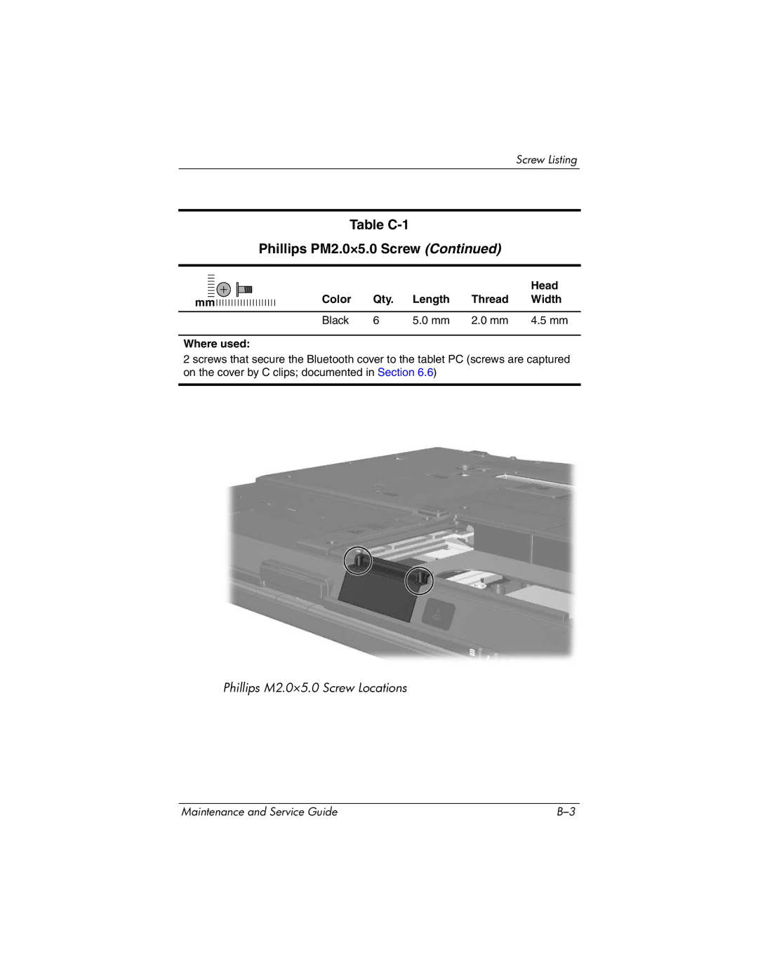 HP tc4200 manual Table C-1 Phillips PM2.0×5.0 Screw 