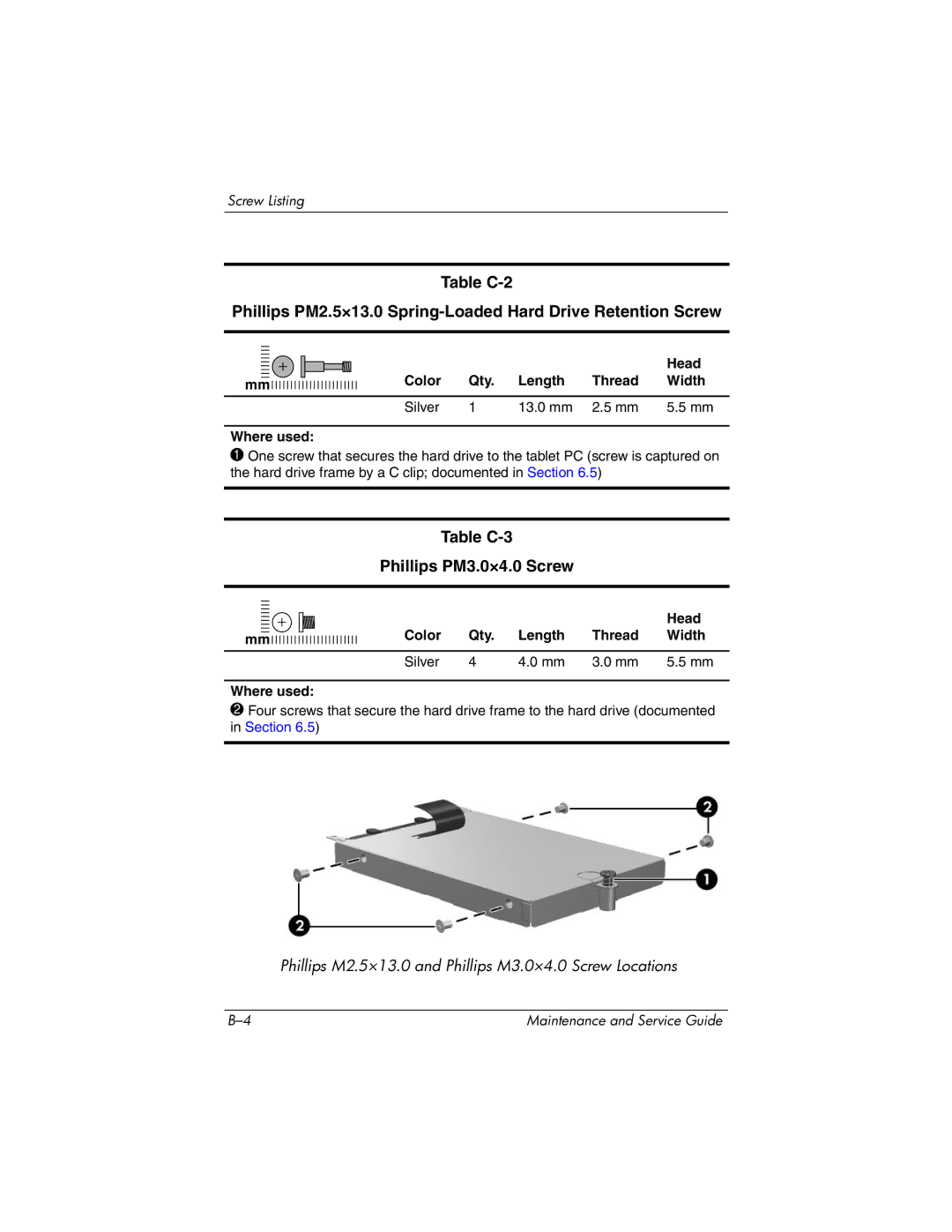 HP tc4200 manual Color Qty Length Thread Width Silver 13.0 mm Where used, Color Qty Length Thread Width Silver Where used 