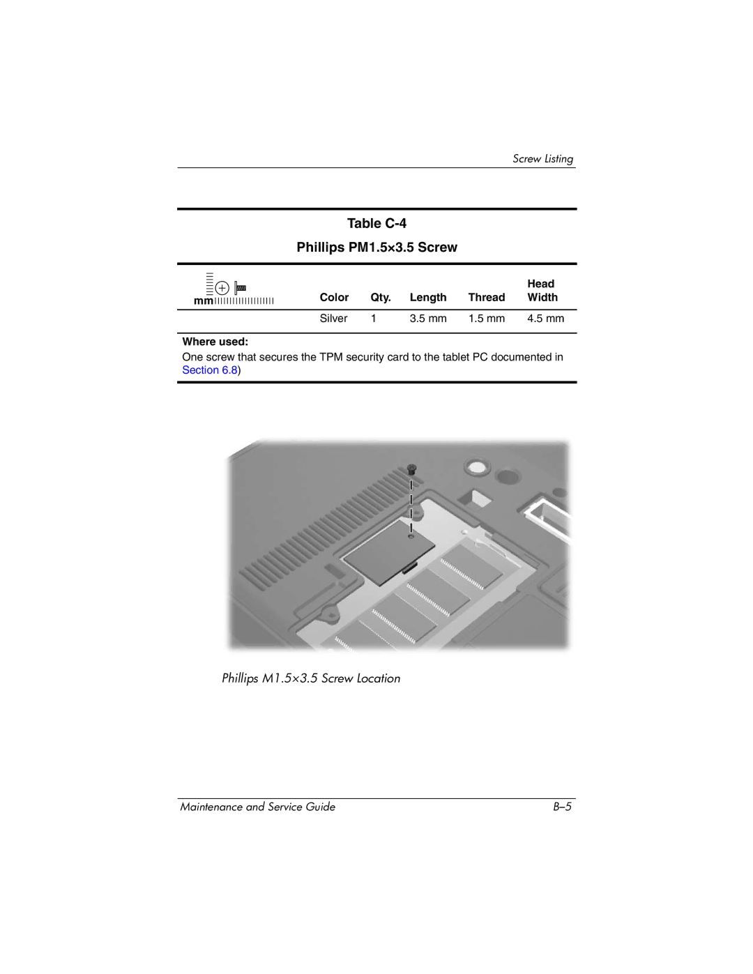 HP tc4200 manual Table C-4 Phillips PM1.5×3.5 Screw 