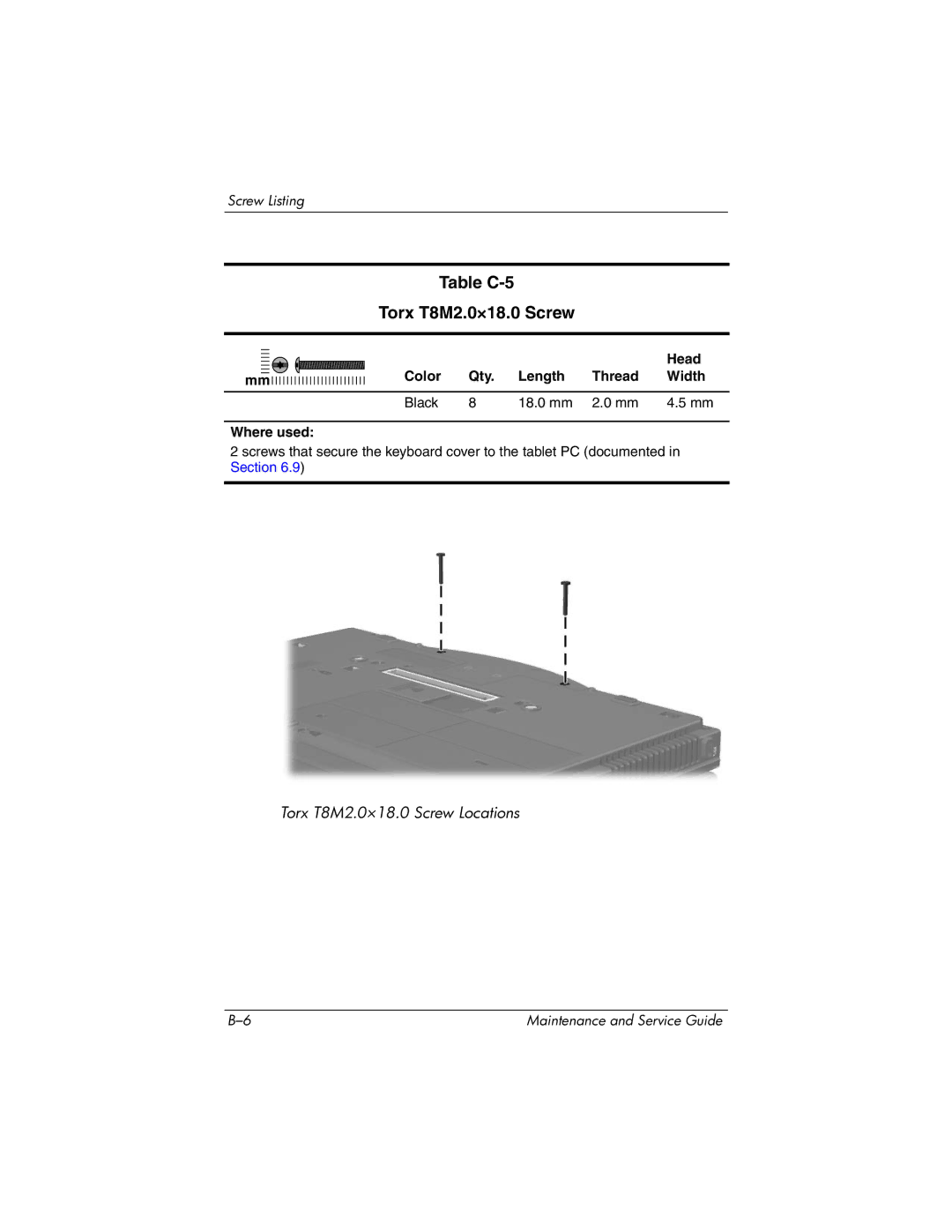 HP tc4200 manual Table C-5 Torx T8M2.0×18.0 Screw, Color Qty Length Thread Width Black 18.0 mm Where used 